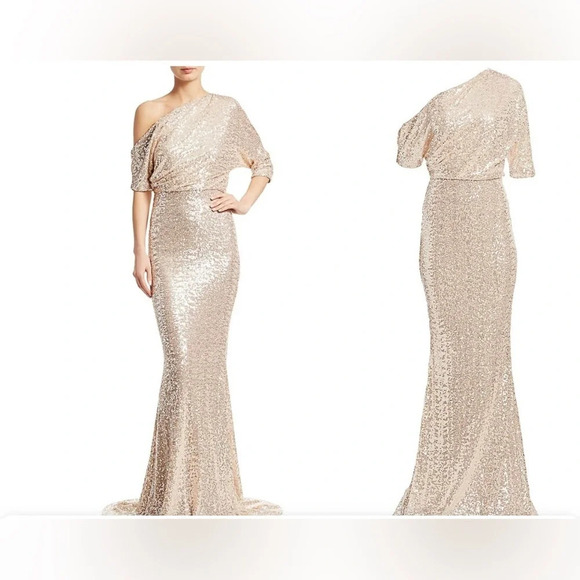 ! Badgley Mischka Asymmetric Draped Sequin Mermaid Gown - Picture 2 of 7